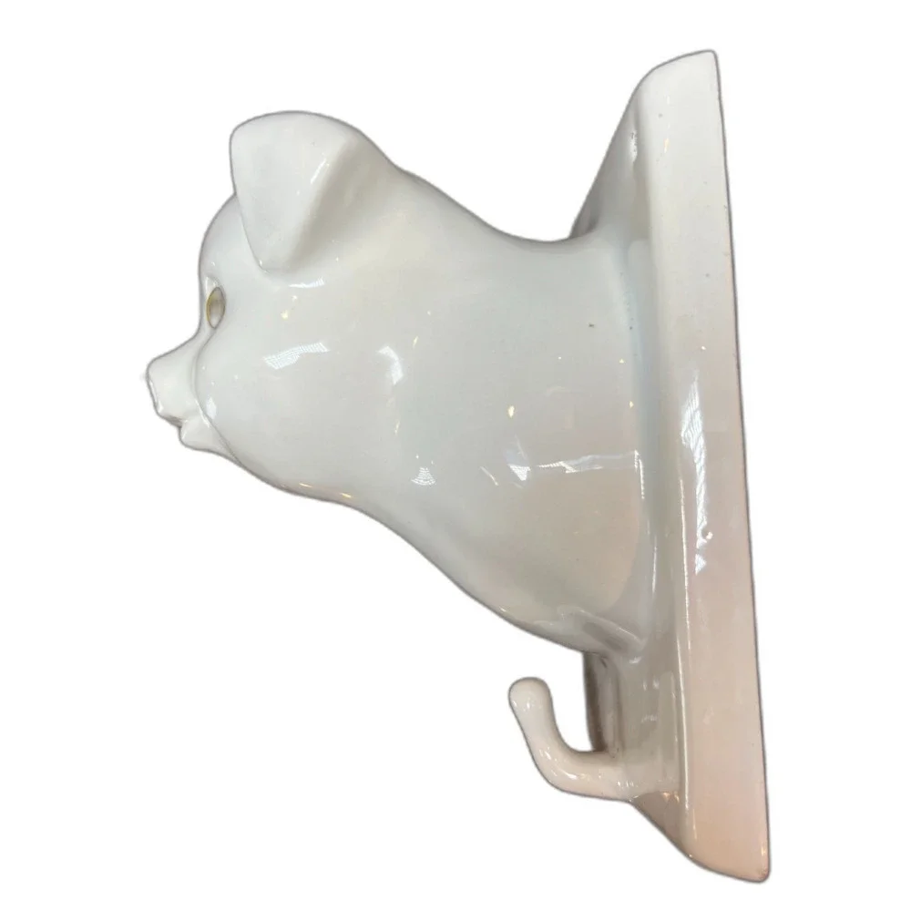 Vintage White Ceramic Pig Wall Hanger Amber Eyes, Hand Towel, Apron Holder Mount